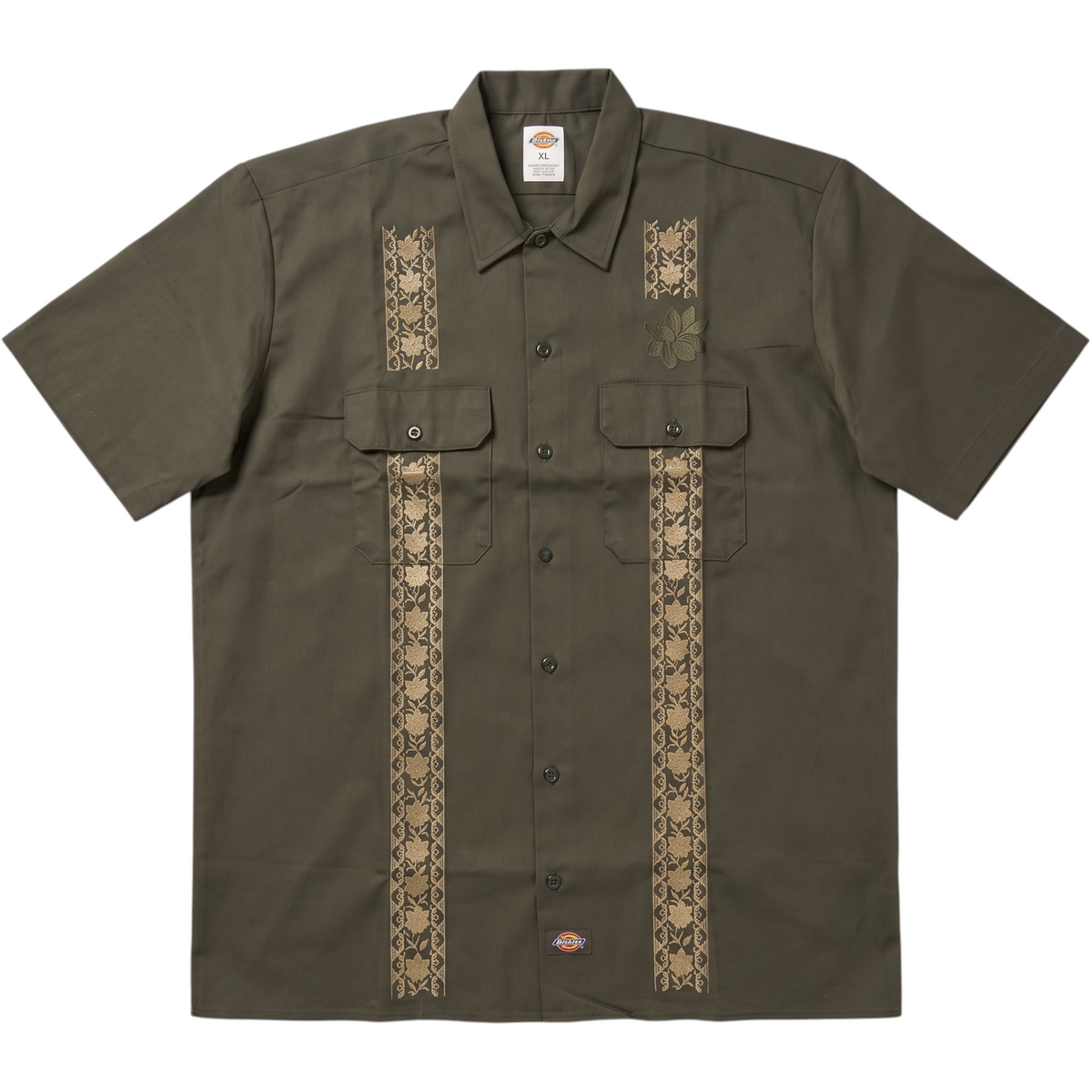 KA'EO Apparel x Dickies olive green short-sleeve guayabera shirt with vertical floral embroidery and chest pockets.