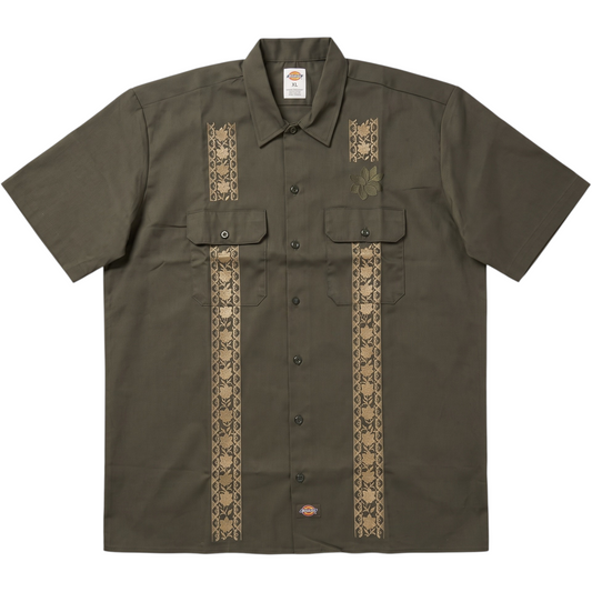 KA'EO Apparel x Dickies olive green short-sleeve guayabera shirt with vertical floral embroidery and chest pockets.