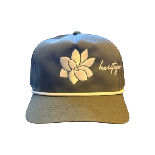 KA'EO Apparel olive baseball cap with white embroidered Sampaguita flower and heritage + culture script and rope brim