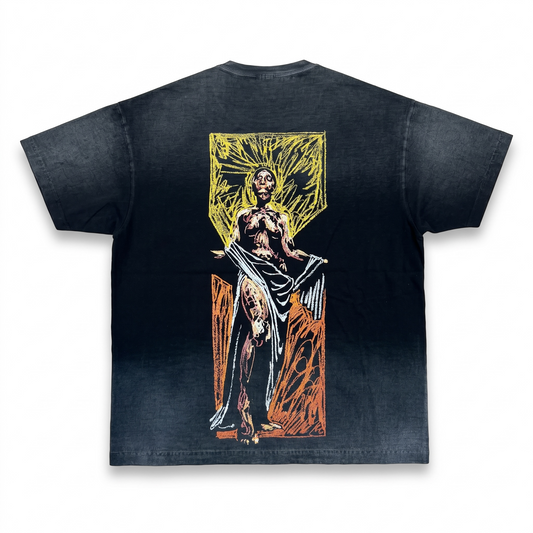 KA'EO Apparel Venus Rising heavyweight charcoal t-shirt with a vibrant gold and orange sketch graphic on the back.