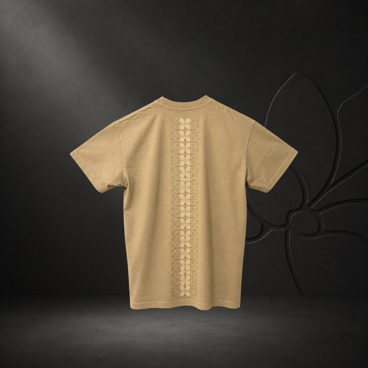 KA'EO Apparel vintage bone oversized heavyweight cotton t-shirt with vertical Tatak back embroidery on a hanger