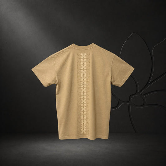 KA'EO Apparel vintage bone oversized heavyweight cotton t-shirt with vertical Tatak back embroidery on a hanger