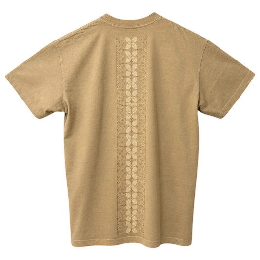 KA'EO Apparel vintage bone oversized heavyweight cotton t-shirt with vertical Tatak back embroidery on a hanger
