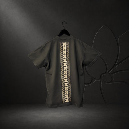 KA'EO Apparel oversized heavyweight cotton t-shirt in vintage pepper with a vertical tatak back print design