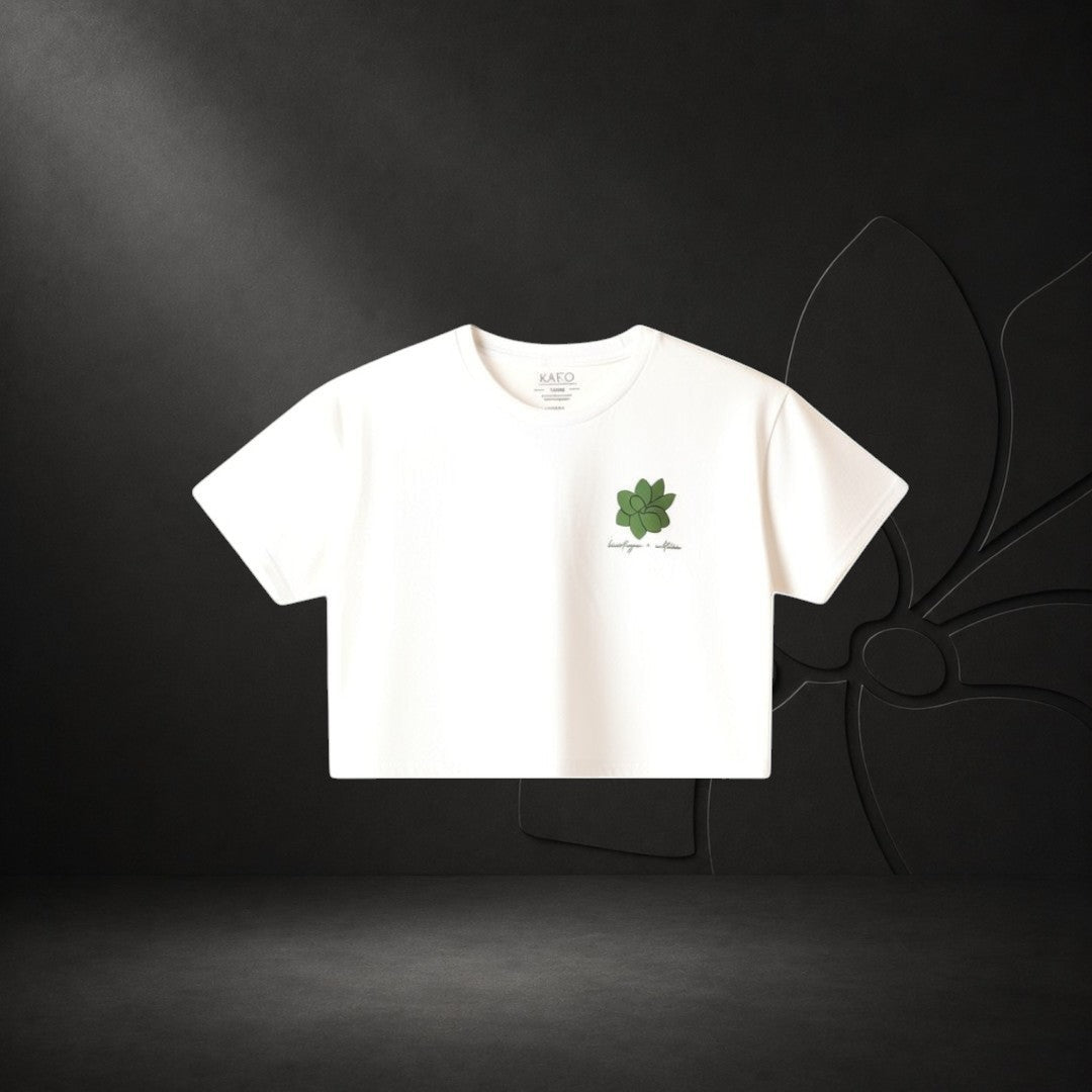 KA'EO Apparel white cropped t-shirt with olive green sampaguita graphic and script text. Cotton.