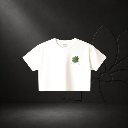 KA'EO Apparel white cropped t-shirt with olive green sampaguita graphic and script text. Cotton.
