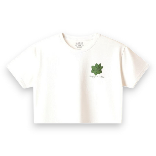 KA'EO Apparel white cropped t-shirt with olive green sampaguita graphic and script text. Cotton.