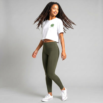 KA'EO Apparel white cropped t-shirt with olive green sampaguita graphic and script text, made of cotton.