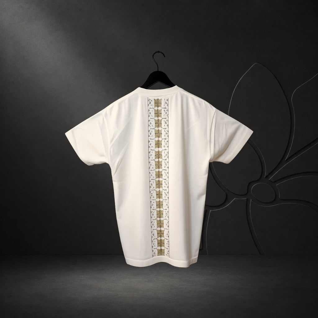 KA'EO Apparel white heavyweight oversized t-shirt featuring a vertical brown Tatak back print on a hanger.