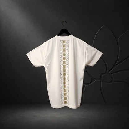 KA'EO Apparel white heavyweight oversized t-shirt featuring a vertical brown Tatak back print on a hanger.