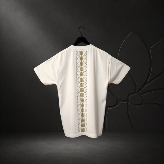 KA'EO Apparel white heavyweight oversized t-shirt featuring a vertical brown Tatak back print on a hanger.